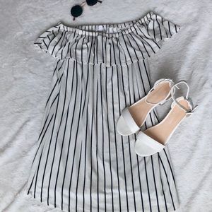 Pin striped off the shoulder dress
